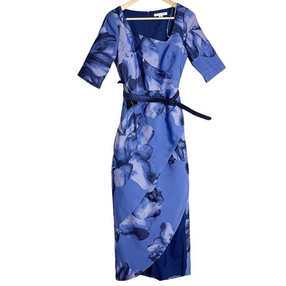 Kay Unger Octavia Blue Floral Print Organza Asymmetric Formal Formal Maxi Gown 6 - Picture 3 of 16
